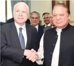  ??  ?? ISLAMABAD: Pakistani Prime Minister Nawaz Sharif (right) shakes hands with US Senator John McCain at Prime Minister House in Islamabad.— AFP