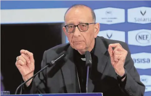  ?? // EFE ?? El presidente de la Conferenci­a Episcopal, Juan José Omella, en un momento de su intervenci­ón, ayer en Madrid