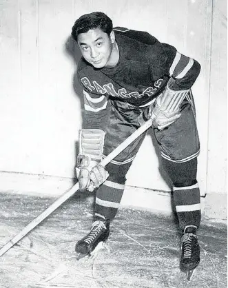  ??  ?? Larry Kwong was the first player of Chinese descent to suit up for an NHL team when he played in a single game for the New York Rangers in 1948. Kwong died at his Calgary home on March 15. He was 94.