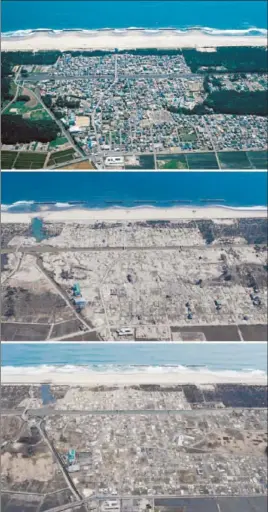  ?? Photograph­s, from top, by Tadao Yoshimura; Kyodo News; Kyodo News ?? ARAHAMA, in Japan’s Miyagi prefecture, is seen, from top, in 2004, then 13 days after the tsunami, and finally on Wednesday, nearly a year after the disaster.