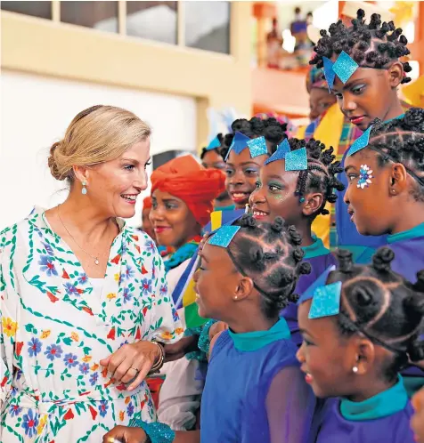  ?? ?? Sophie, Countess of Wessex, is greeted by St Vincent and the Grenadines Community College’s La Gracia Dance Company during the royal visit to mark the Queen’s Platinum Jubilee