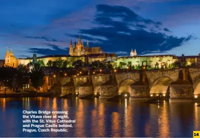  ?? ?? Charles Bridge crossing the Vltava river at night, with the St. Vitus Cathedral and Prague Castle behind, Prague, Czech Republic.