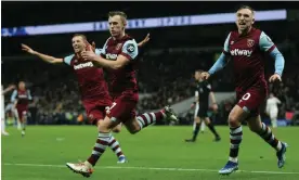  ?? Photograph: Nigel French/Getty Images/Allstar ?? James Ward-Prowse (centre) leads the West Ham celebratio­ns after scoring his side’s second goal at Tottenham.