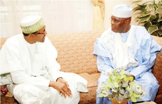  ??  ?? Former Vice President and chieftain of All Progressiv­es Congress (APC) Atiku Abubakar with former Head of State, General Muhammadu Buhari, during a condolence visit to Buhari, over the death of his father in-law, Alhaji Halilu Ahmad Malabo, in Yola...