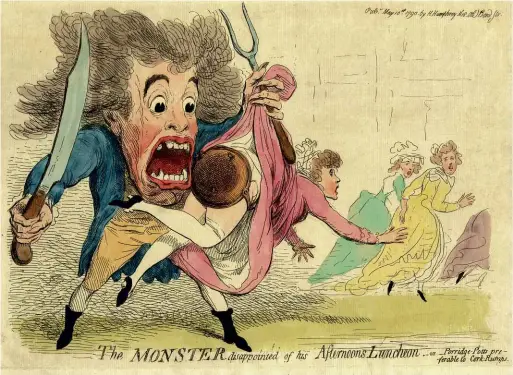  ??  ?? ABOVE: A bawdy cartoon published at the height of the Monster-mania, showing a lady wearing protective gear being saved from the mystery assailant’s rapier.