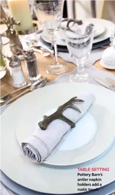  ??  ?? TABLE SETTING Pottery Barn’s antler napkin holders add a rustic touch