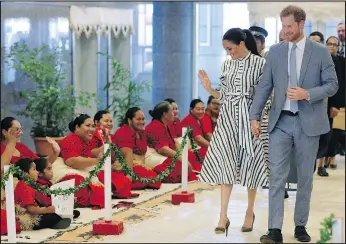  ?? Phil Noble/Getty Images ?? Meghan, Duchess of Sussex and Prince Harry arrive for their meeting with the Tongan prime minister in Nuku’alofa, Tonga, yesterday.