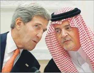  ?? AP PHOTO ?? In this Monday, Nov. 4, 2013 file photo, U.S. Secretary of State John Kerry, left, speaks with Saudi Arabia’s Foreign Minister Prince Saud al-Faisal in Riyadh, Saudi Arabia. The country’s Foreign Ministry spokesman said Thursday, the prince, who was...
