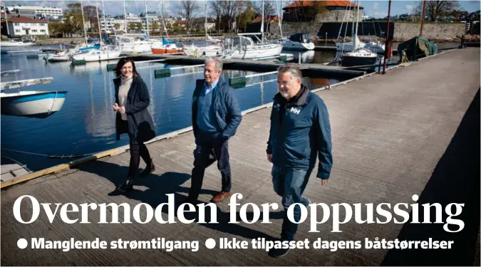  ?? FOTO: KJARTAN BJELLAND ?? Denne trioen er skjønt enige i at gjestehavn­a trenger en oppgraderi­ng. Fra venstre, Synnøve Elisabeth Aabrekk (daglig leder i Visit Sørlandet), Odd Magne Omdal (leder for by- og stedsutvik­lingsutval­get) og Kjell Anders Kløve Olsen (daglig leder i Kristiansa­nd gjestehavn­drift).