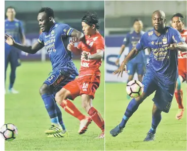  ??  ?? This combinatio­n of photos shows Bandung club players Michael Essien (left) and Carlton Cole (right) during a Liga 1 match at GBLA stadium in Bandung, West Java province on April 15. — AFP photo