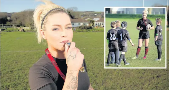  ?? Gareth Everett ?? > Caris Bowen, referee and coach at Burry Port Under-Nines, and inset, Caris in action on the field