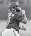  ?? ADRIAN KRAUS/AP ?? The Blue Jays’ Vladimir Guerrero Jr. gestures as he rounds the bases after hitting a three-run home run against the Marlins during the third inning Tuesday in Buffalo, N.Y.