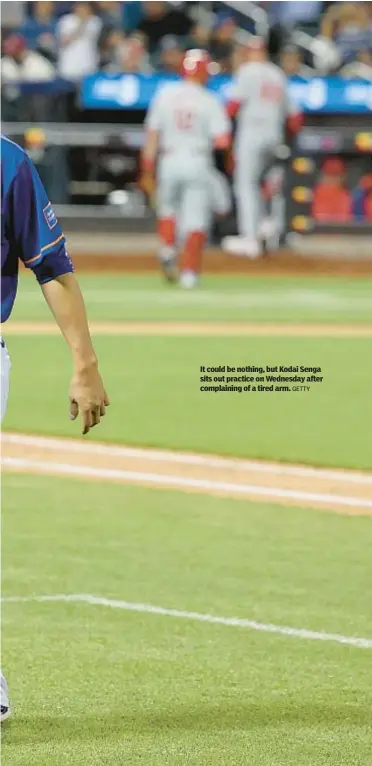  ?? GETTY ?? It could be nothing, but Kodai Senga sits out practice on Wednesday after complainin­g of a tired arm.