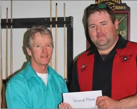  ?? SUBMITTED PHOTO ?? Joseph Hyde presented the second place and high run prize to Swift Current’s Terry Lovestone (left) at the 2018 Saskatchew­an Snooker Championsh­ip.