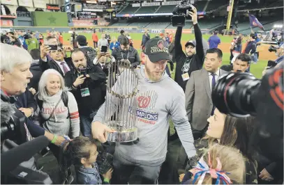  ?? Picture: AFP ?? DEFYING THE ODDS. Washington Nationals pitcher and World Series MVP Stephen Strasburg celebrates after defeating the Houston Astros in Game Seven to win the World Series in Houston yesterday.