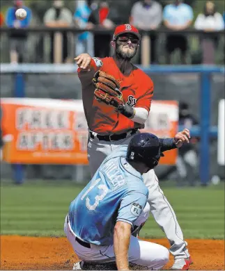  ?? CHRIS O’MEARA/ THE ASSOCIATED PRESS ?? Red Sox second baseman Dustin Pedroia, forcing out Tampa Bay baserunner Brad Miller (13) in a spring training game March 15 in Port Charlotte, Fla., is considered Boston’s clubhouse catalyst and will be key in the team’s attempt to repeat as American...