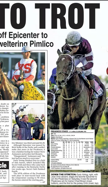  ?? ?? DOWN THE STRETCH: Early Voting, right, with Jose Ortiz aboard, edges the favorite Epicenter to win the Preakness on Saturday. It was the second Preakness win for trainer Chad Brown (inset, bottom), and the first for the jockey Ortiz (inset, top).