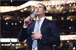  ?? Chris Graythen / Getty Images ?? Former NFL quarterbac­k and NBC Sunday Night Football analyst Drew Brees speaks to the fans during halftime of the game between the Buffalo Bills and the New Orleans Saints on Thursday in New Orleans. Brees was seen having brunch at L’Escale at the Delamar Hotel in Greenwich last Sunday.