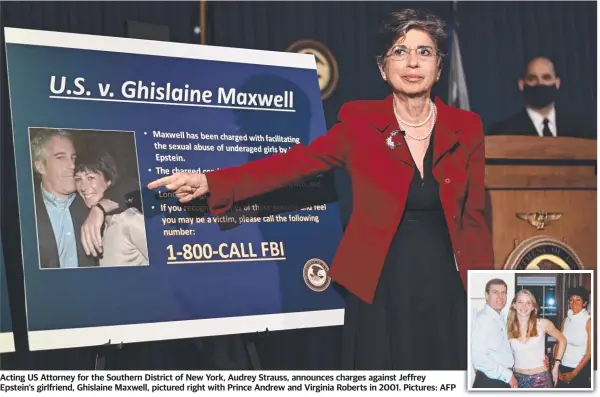  ??  ?? Acting US Attorney for the Southern District of New York, Audrey Strauss, announces charges against Jeffrey Epstein’s girlfriend, Ghislaine Maxwell, pictured right with Prince Andrew and Virginia Roberts in 2001. Pictures: AFP