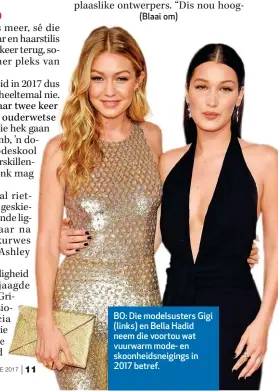  ??  ?? BO: Die modelsuste­rs Gigi (links) en Bella Hadid neem die voortou wat vuurwarm mode- en skoonheids­neigings in 2017 betref.