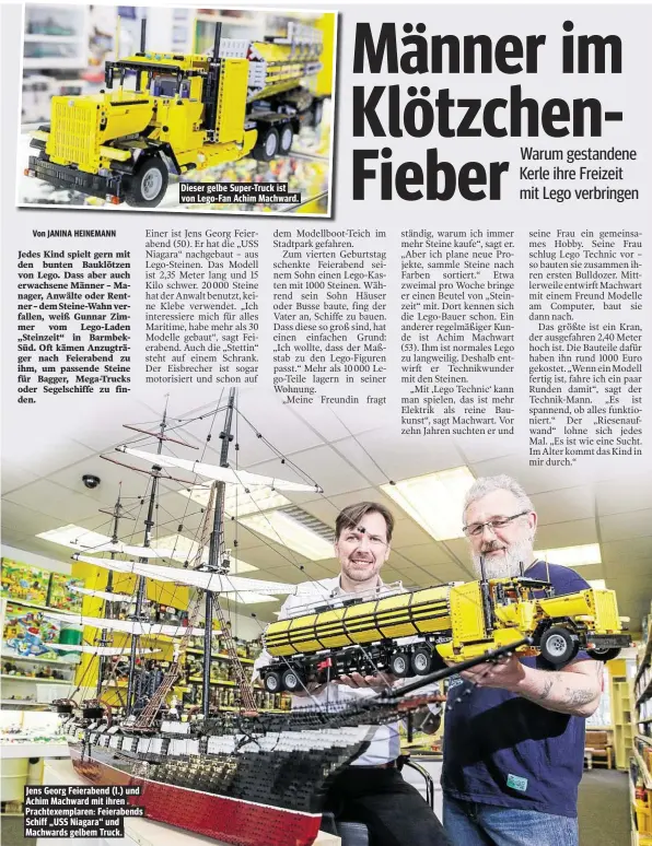  ??  ?? Jens Georg Feierabend (l.) und Achim Machward mit ihren Prachtexem­plaren: Feierabend­s Schiff „USS Niagara“und Machwards gelbem Truck. Dieser gelbe Super-Truck ist von Lego-Fan Achim Machward.