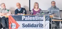  ??  ?? Jeremy Corbyn, left, pictured with Sameh Habeeb, far right, at a pro-Palestine meeting