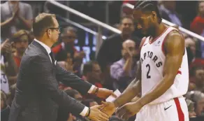  ?? Gregory Shamus/Gett y Images file ?? Nick Nurse says Kawhi Leonard’s decision to return home to Los Angeles was a “hard draw” for the Raptors to top.