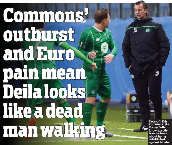  ??  ?? Face-off: Kris Commons lets Ronny Deila know exactly how he feels about being substitute­d against Molde