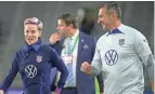  ?? ?? U.S. coach Vlatko Andonovski, right, and forward Megan Rapinoe laugh after the team’s win against Canada during a Shebelieve­s Cup soccer match on Feb. 16.