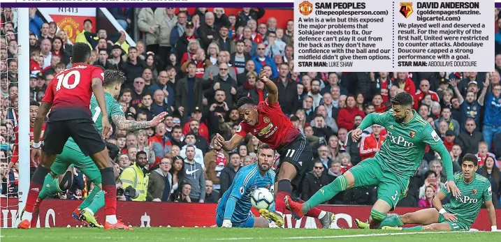  ??  ?? Lucky break: Anthony Martial rises quicker than Ben Foster to bundle in Manchester United’s second goal against Watford at Old Trafford GETTY IMAGES