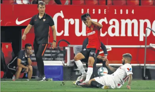  ??  ?? Kubo disputa el balón con Éver Banega, ante la mirada de Julen Lopetegui, durante el último Sevilla-Mallorca en el Sánchez Pizjuán.