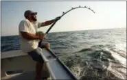  ?? ROBERT F. BUKATY — THE ASSOCIATED PRESS ?? Andrew Lebel of Falmouth, Maine, battles an Atlantic bluefin tuna about 20 miles off the coast of southern Maine. The 320-pound fish fought for about 45 minutes before it was hauled aboard the boat.