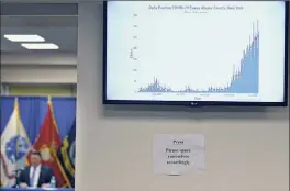  ?? Will Waldron / Times Union ?? A chart showing Albany County coronaviru­s numbers is displayed on Friday during a COVID briefing with Albany County Executive Dan Mccoy, left. The county reported an increase of 29 hospitaliz­ations overnight.