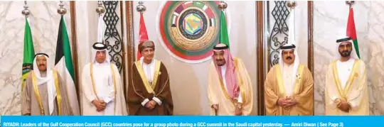  ??  ?? RIYADH: Leaders of the Gulf Cooperatio­n Council (GCC) countries pose for a group photo during a GCC summit in the Saudi capital yesterday.