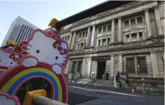  ??  ?? Hello Kitty-design barriers are seen in front of the Bank of Japan (BOJ) building in Tokyo. Three-quarters of Japanese companies say the Bank of Japan needs to exit from its supereasy monetary policy but most do not see that happening until next year...