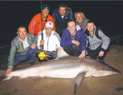  ??  ?? SHARK AFTER DARK: Mick Kollaris (in red), Bill Athanassel­is (in white with rod and reel), and the night shift from the Grand Pacific Hotel at Lorne, with the shark.