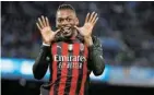  ?? Picture: CIRO DE LUCA ?? ON TARGET: AC Milan’s Rafael Leao celebrates scoring their first goal against Napoli in Naples on Sunday