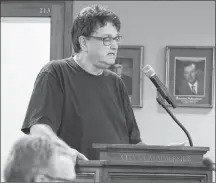  ?? COLIN MACLEAN/JOURNAL PIONEER ?? Clifford MacQuaid speaks to Summerside City Council during the August committee meeting, Tuesday night. MacQuaid is one of the proponents of a new housing developmen­t set for Spruce Drive in the city.