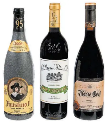  ?? SONNY FIGUEROA/THE NEW YORK TIMES ?? Faustino I Rioja Gran Reserva 2006, from left, La Rioja Alta Rioja Gran Reserva 904 2009 and Bodegas Riojanas Rioja Gran Reserva Monte Real 2010. It’s now widely accepted that people can no longer be expected to age wines as they might have half a century ago.