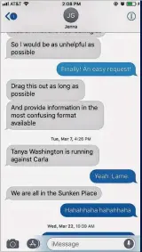  ??  ?? Text messages between former Atlanta press secretary Jenna Garland and a Watershed manager in 2017, obtained by the AJC and Channel 2 in 2018, urged the manager to delay release of public records to Channel 2 Action News.