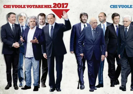  ??  ?? Differenti “accozzagli­e” Per votare nel 2017 ormai quasi tutti i leader politici. Contro poteri di vario genere e chi rischia la scomparsa politica