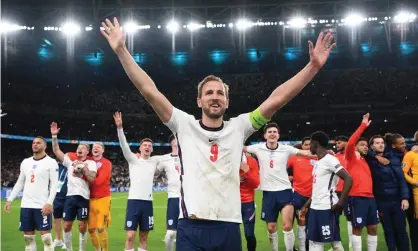  ??  ?? Members of the England team celebrate after victory in the Euro 2020 semi-final at Wembley. Photograph: Shaun Botterill/Uefa/Getty Images