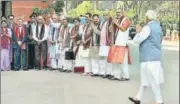  ?? PTI ?? BJP leaders greet Prime Minister Narendra Modi as he arrives to attend the budget session of Parliament on Monday.