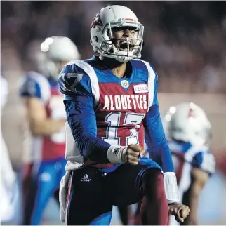  ?? ALLEN McINNIS ?? Alouettes QB Antonio Pipkin celebrates a touchdown Friday during Montreal’s 25-22 victory over the Toronto Argonauts at Molson Stadium. With Pipkin completing 22 of 32 passes for 303 yards and running for two touchdowns, Herb Zurkowsky says it’s a given that Pipkin should be the Als’ starting quarterbac­k.