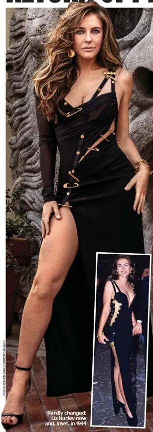  ??  ?? Hardly changed: Liz Hurley now and, inset, in 1994