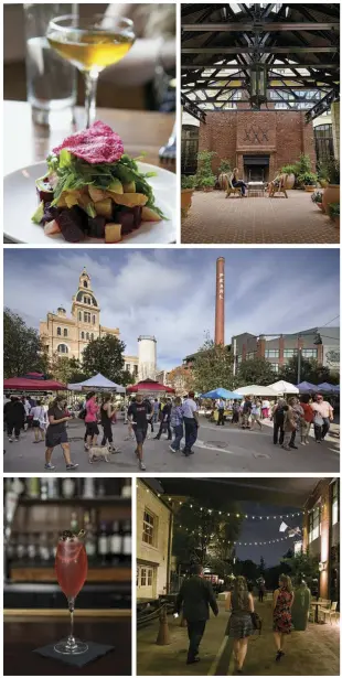  ??  ?? Clockwise from TOP LEFT: The beet, avocado and citrus salad at Cured; the courtyard of the Hotel Emma, once the Pearl Brewery’s brewhouse; the scene at the weekend farmers market; a trio takes an evening wander among the neighbourh­ood’s shops and...