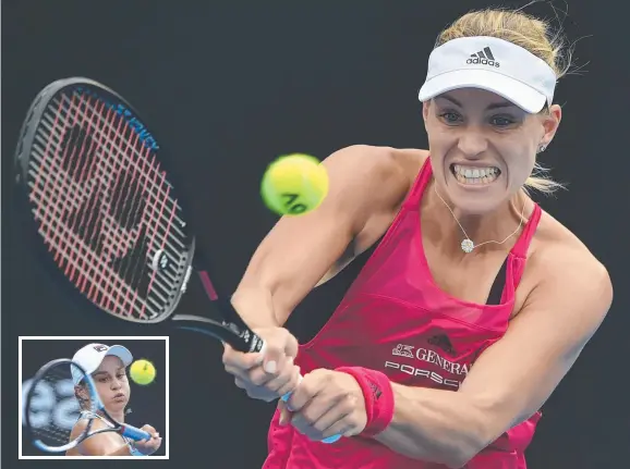  ?? Pictures: PETER PARKS and RICK RYCROFT ?? Germany’s Angelique Kerber crunches a backhand during yesterday’s straight sets win over Australian opponent Ashley Barty in the Sydney Internatio­nal women’s final at Homebush’s Olympic Park. Inset: Barty attacks with a forehand during the match inside...