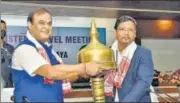  ?? PTI ?? Meghalaya CM Conrad Sangma being felicitate­d by Assam CM Himanta Biswa Sarma in Guwahati on Friday.