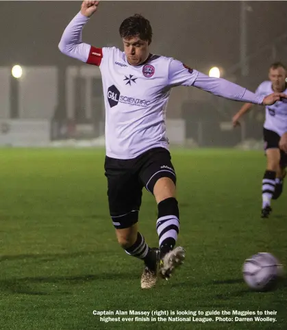  ??  ?? Captain Alan Massey (right) is looking to guide the Magpies to their
highest ever finish in the National League. Photo: Darren Woolley.