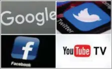  ?? THE ASSOCIATED PRESS ?? This photo combo of images shows, clockwise, from upper left: a Google sign, the Twitter app, YouTube TV logo and the Facebook app.